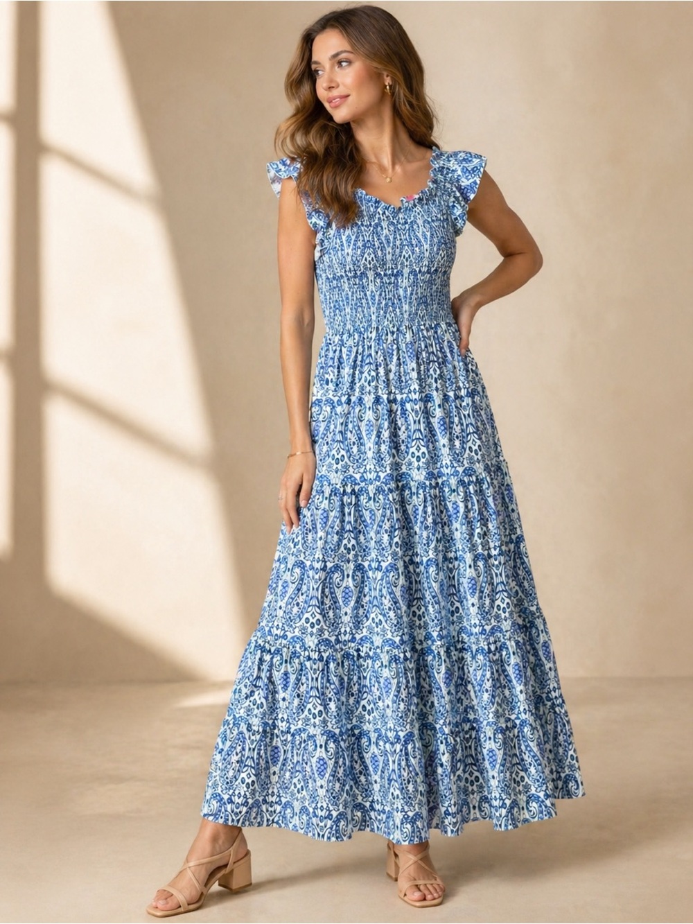 Simply Southern Dress Women Blue White Paisley Smocked Tiered Size L NWOT